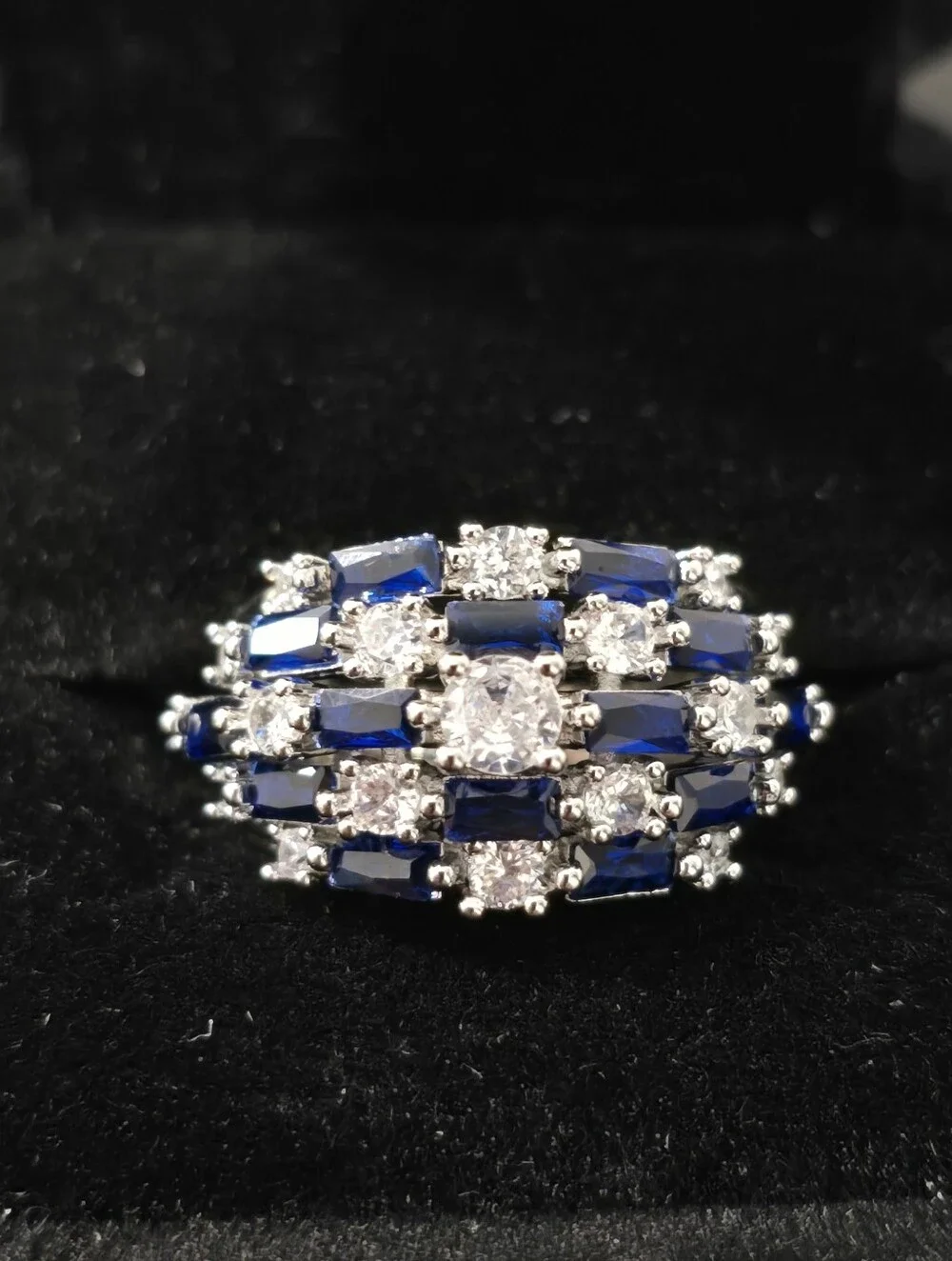 Vintage Deco Size 7 Sapphire Blue Baguette Ring Silver Tone Cocktail Statement